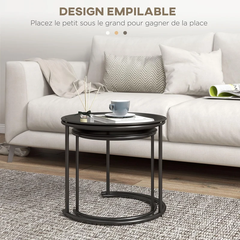 HOMCOM Lot de 2 Tables Basses Rondes gigognes Table de Salon Cadre en Acier Plateaux Amovibles Table d'appoint Style Industriel Ø 43 et Ø 35 cm Noir