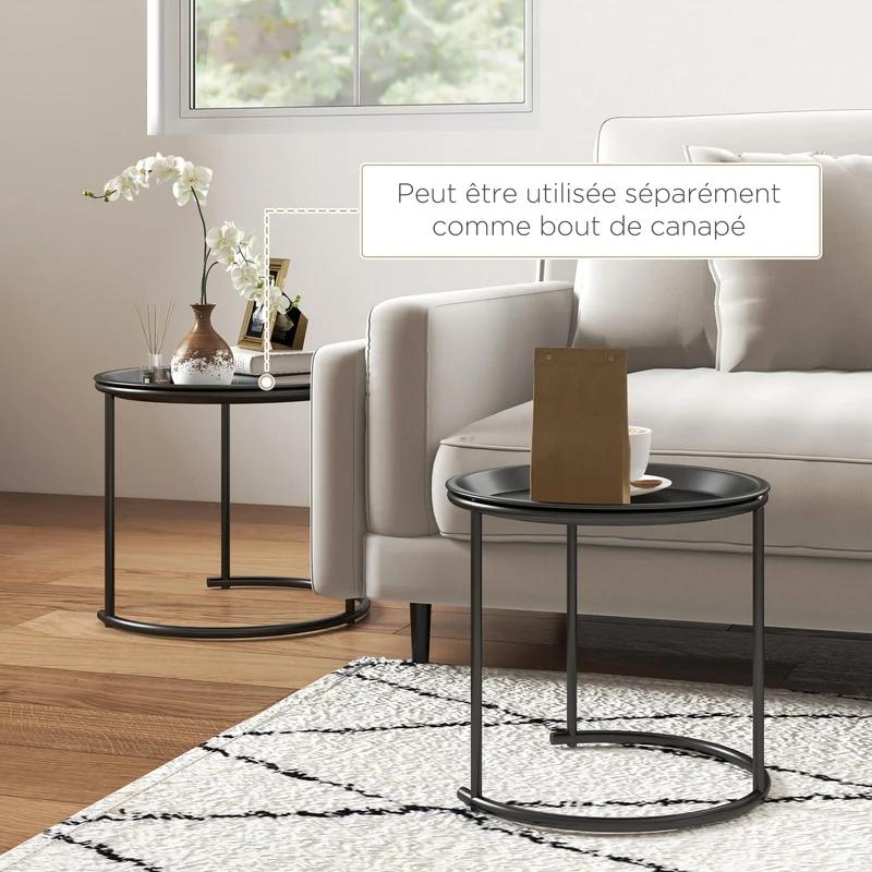 HOMCOM Lot de 2 Tables Basses Rondes gigognes Table de Salon Cadre en Acier Plateaux Amovibles Table d'appoint Style Industriel Ø 43 et Ø 35 cm Noir