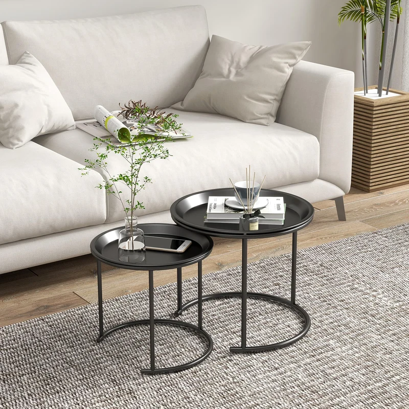 HOMCOM Lot de 2 Tables Basses Rondes gigognes Table de Salon Cadre en Acier Plateaux Amovibles Table d'appoint Style Industriel Ø 43 et Ø 35 cm Noir