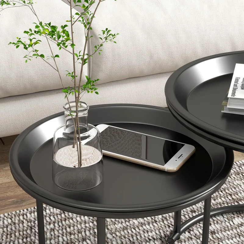 HOMCOM Lot de 2 Tables Basses Rondes gigognes Table de Salon Cadre en Acier Plateaux Amovibles Table d'appoint Style Industriel Ø 43 et Ø 35 cm Noir