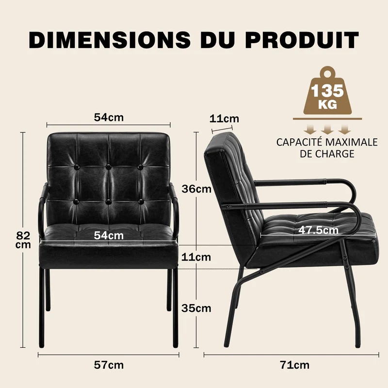 Hellove Fauteuil Salon en Métal, Fauteuil Design Rétro avec Pieds Métalliques Noirs, Chaise Simili Cuir PU avec Accoudoirs et Dossier Confortable Modern pour Salon Chambre, Noir
