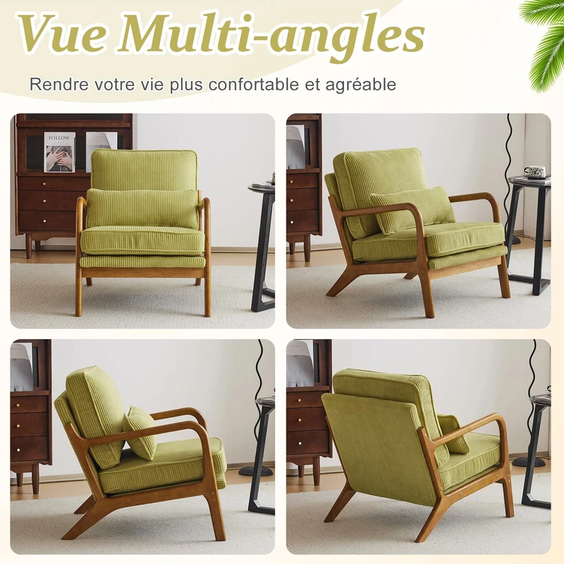 Bonnlo Fauteuil de Salon en Velours Côtelé, Chaise d'Appoint Relaxation avec Cadre en Bois, Siège Confortable pour Salon, Chambre, Terrasse, 65 x 80 x 78 cm (Vert)