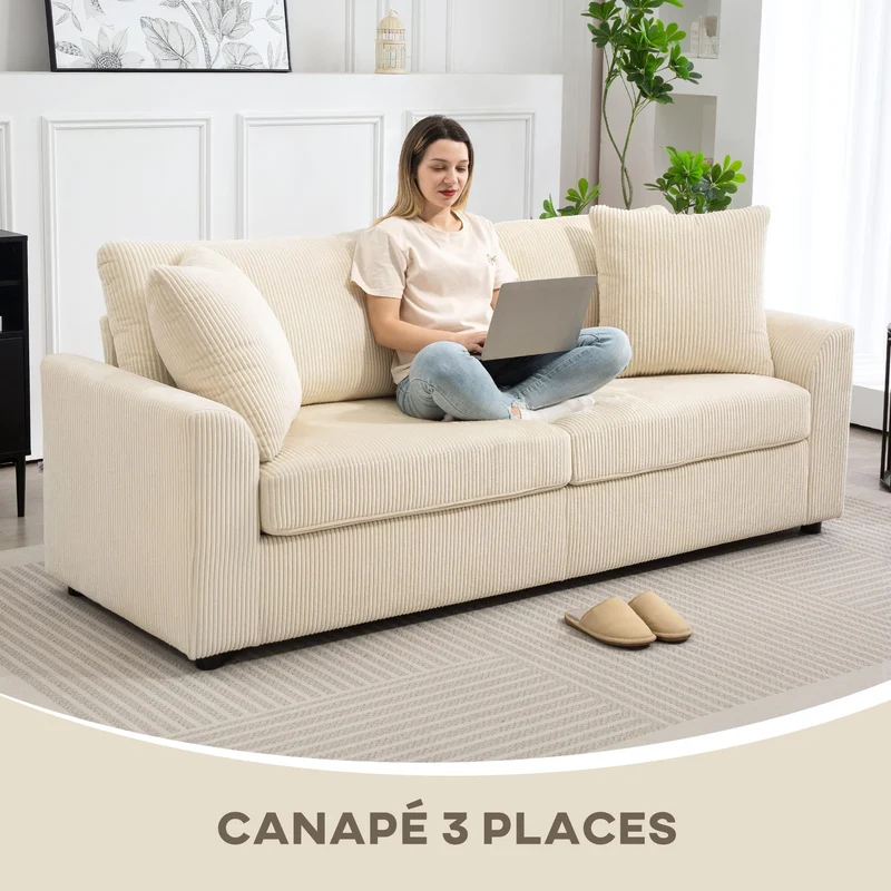 HOMCOM Canapé 3 Place Velours côtelé 212 cm, canapé Moderne avec 2 oreillers Inclus, Coussins à Ressorts, accoudoirs et Dossier rembourrés, Sofa pour Salon, Chambre, Bureau, crème