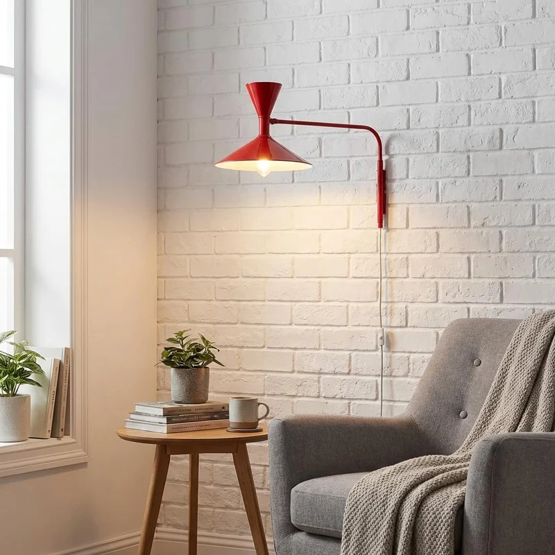 BARCELONA LED Applique Murale Industrielle Grand Modèle 40 cm, Lampe Murale à Bras Articulé, Style Vintage, Abat-jour Métal Rouge Intérieur Blanc, Idéal Restaurant, Escalier et Chambre