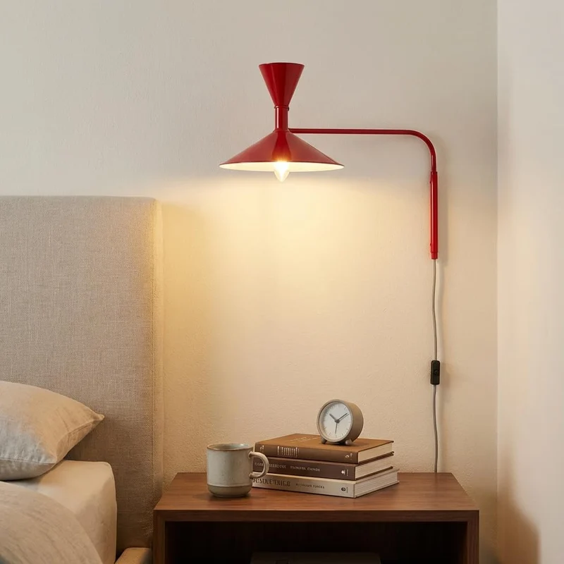 BARCELONA LED Applique Murale Industrielle Grand Modèle 40 cm, Lampe Murale à Bras Articulé, Style Vintage, Abat-jour Métal Rouge Intérieur Blanc, Idéal Restaurant, Escalier et Chambre