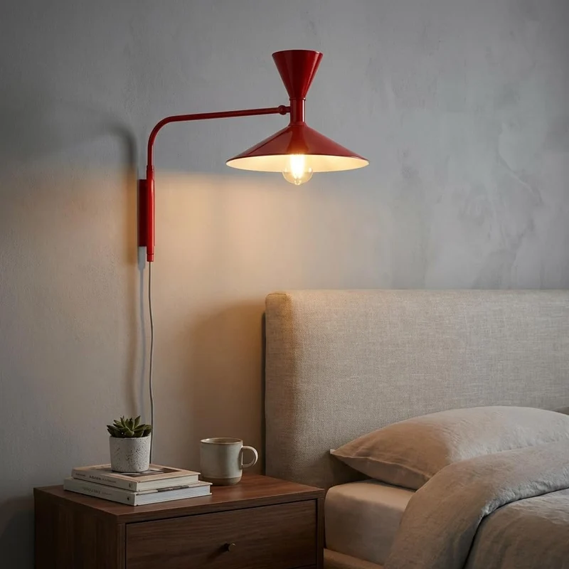 BARCELONA LED Applique Murale Industrielle Grand Modèle 40 cm, Lampe Murale à Bras Articulé, Style Vintage, Abat-jour Métal Rouge Intérieur Blanc, Idéal Restaurant, Escalier et Chambre