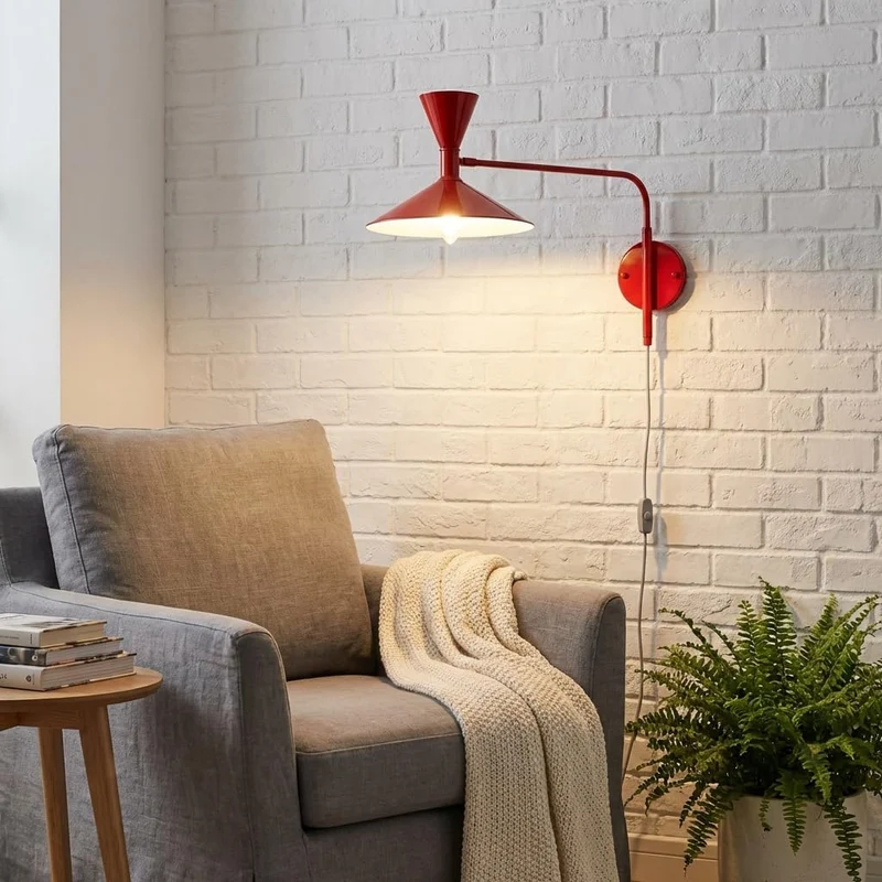 BARCELONA LED Applique Murale Industrielle Grand Modèle 40 cm, Lampe Murale à Bras Articulé, Style Vintage, Abat-jour Métal Rouge Intérieur Blanc, Idéal Restaurant, Escalier et Chambre