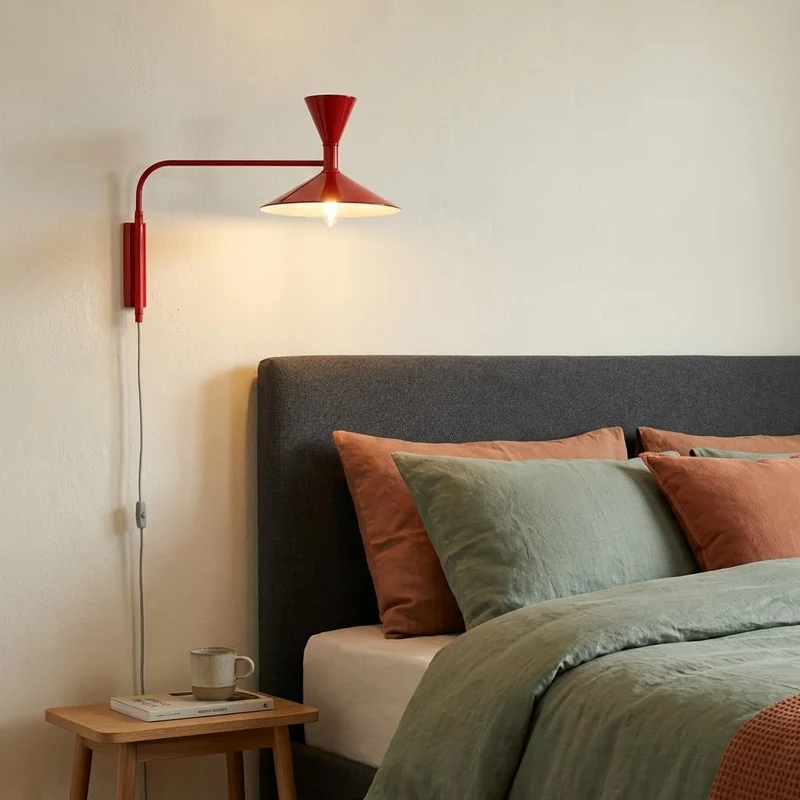 BARCELONA LED Applique Murale Industrielle Grand Modèle 40 cm, Lampe Murale à Bras Articulé, Style Vintage, Abat-jour Métal Rouge Intérieur Blanc, Idéal Restaurant, Escalier et Chambre