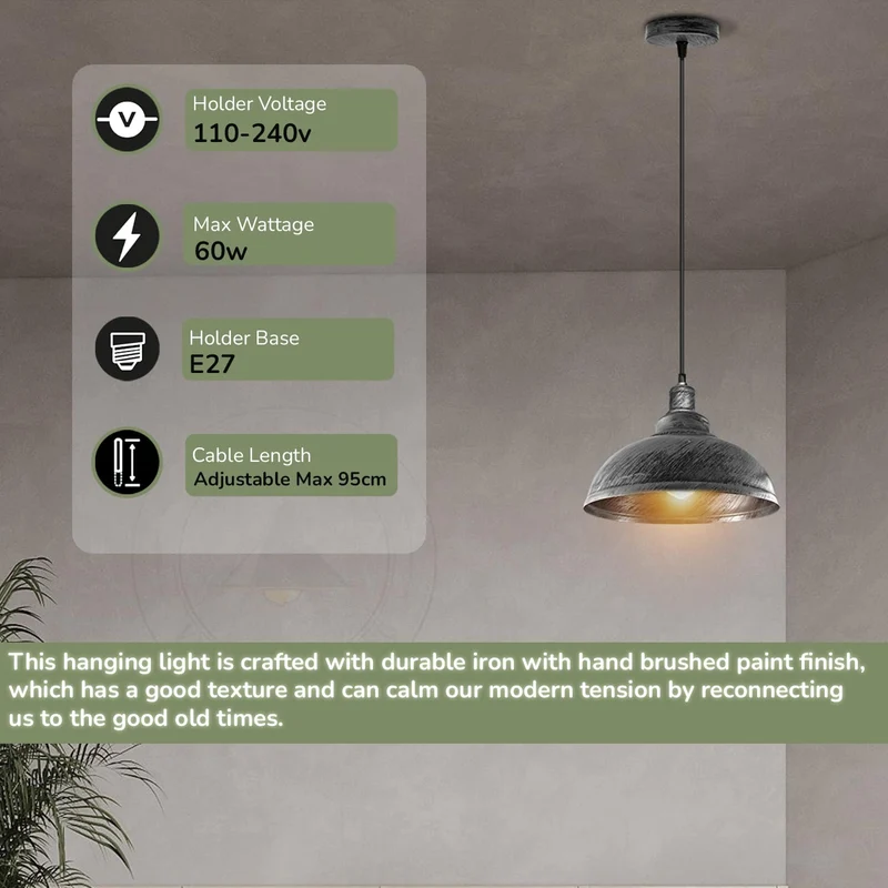 LEDSone suspensions vintage, luminaires style industriel, plafonnier vintage, éclairage intérieur, lampe cuisine salon salle à manger chambre, IP20, Ø 290mm(Argent brossé)
