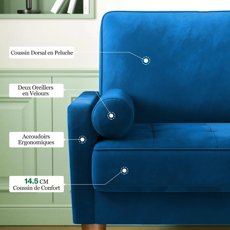 Vesgantti Petit Canapé 2 Places en Velours Bleu 121cm Coussin à Ressorts, Causeuse de Salon Moderne