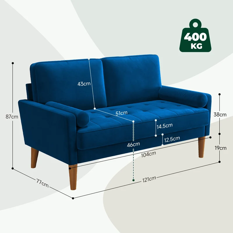 Vesgantti Petit Canapé 2 Places en Velours Bleu 121cm Coussin à Ressorts, Causeuse de Salon Moderne