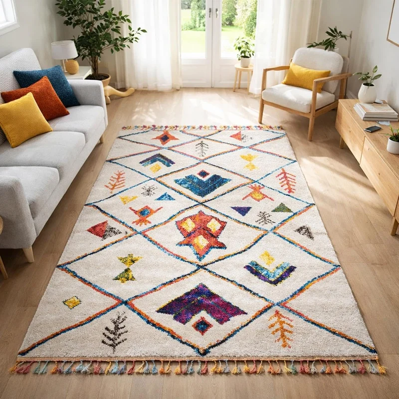UN AMOUR DE TAPIS - tapis pour la salle à manger berber tribal mk 03 bleu, écru, jaune, gris, orange, noir, gris, beige, rose, vert, blanc - 200 x 290 cm - tapis berbère inspi 4581