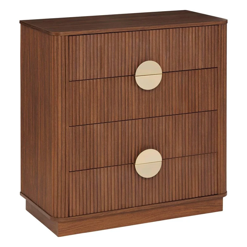 Atmosphera - Commode Wany – 4 Tiroirs Effet Noyer – Meuble de Rangement Design avec Façades Cannelées et Poignées Dorées – Bois Marron – 80x40cm