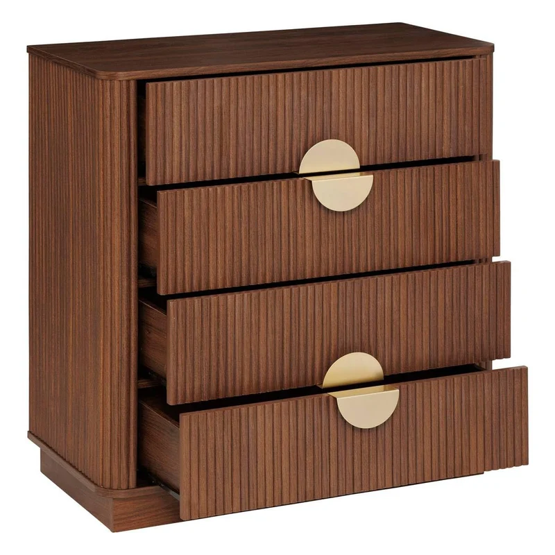 Atmosphera - Commode Wany – 4 Tiroirs Effet Noyer – Meuble de Rangement Design avec Façades Cannelées et Poignées Dorées – Bois Marron – 80x40cm
