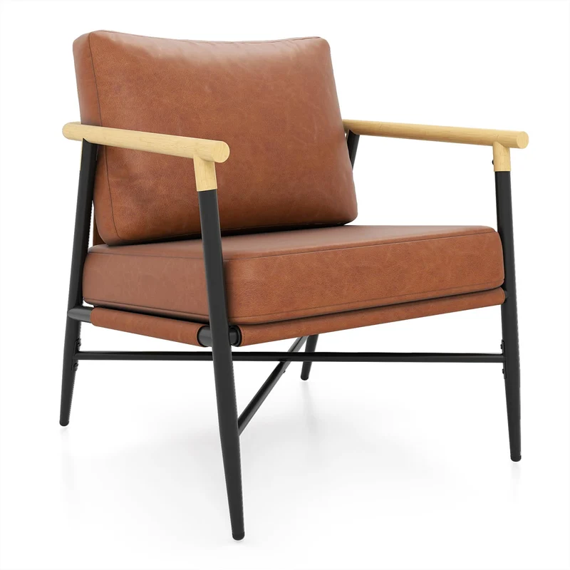 COSTWAY Fauteuil Salon Rembourré en Cuir Synthétique avec Accoudoir, Chaise Ergonomique avec Coussin de Dossier Amovible et Structure Métallique, pour Salon, Chambre, Bureau, Marron