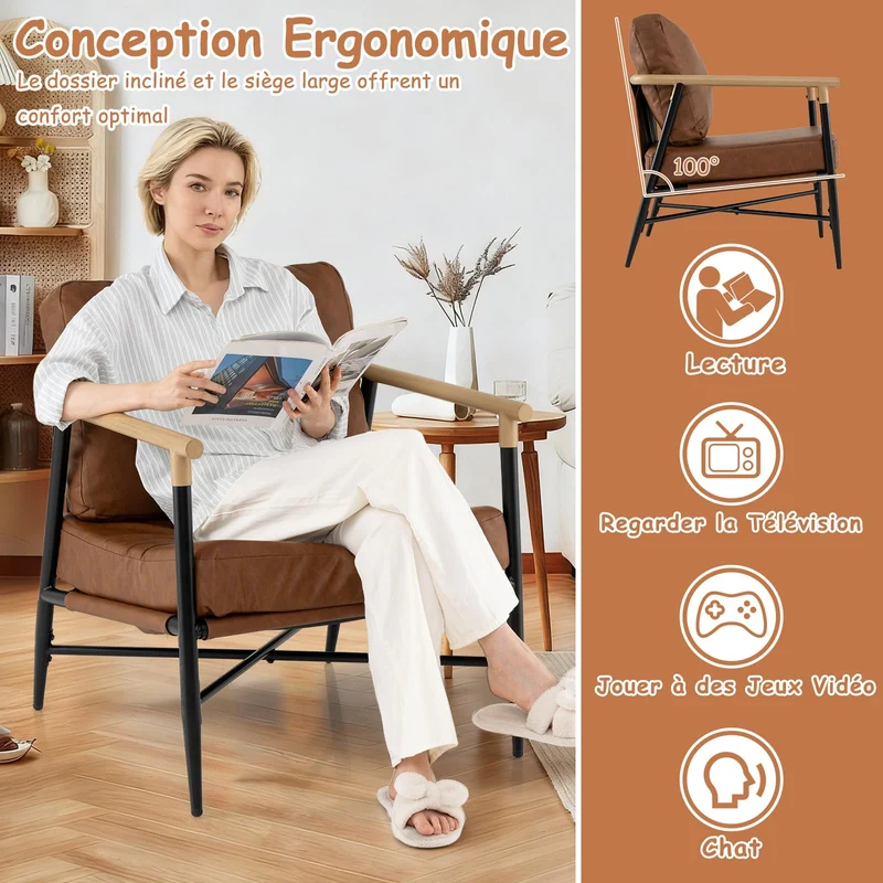 COSTWAY Fauteuil Salon Rembourré en Cuir Synthétique avec Accoudoir, Chaise Ergonomique avec Coussin de Dossier Amovible et Structure Métallique, pour Salon, Chambre, Bureau, Marron