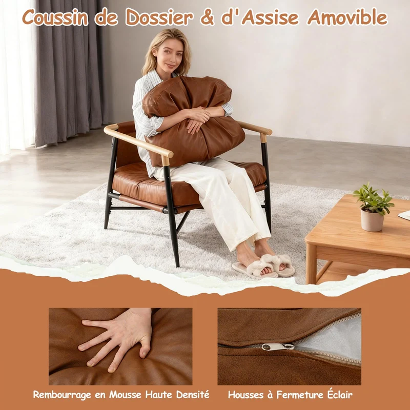 COSTWAY Fauteuil Salon Rembourré en Cuir Synthétique avec Accoudoir, Chaise Ergonomique avec Coussin de Dossier Amovible et Structure Métallique, pour Salon, Chambre, Bureau, Marron