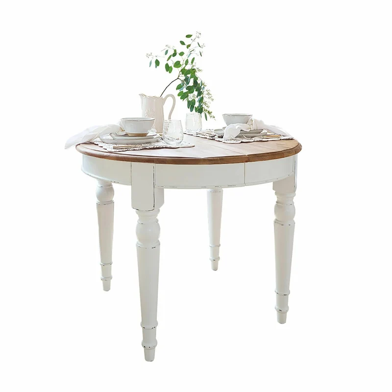 Loberon Table à manger Pinecrest, style maison de campagne, design rond, flexible, extensible grâce à 2 plaques supplémentaires, charme rustique, table de salle à manger, bois de sapin, bois de