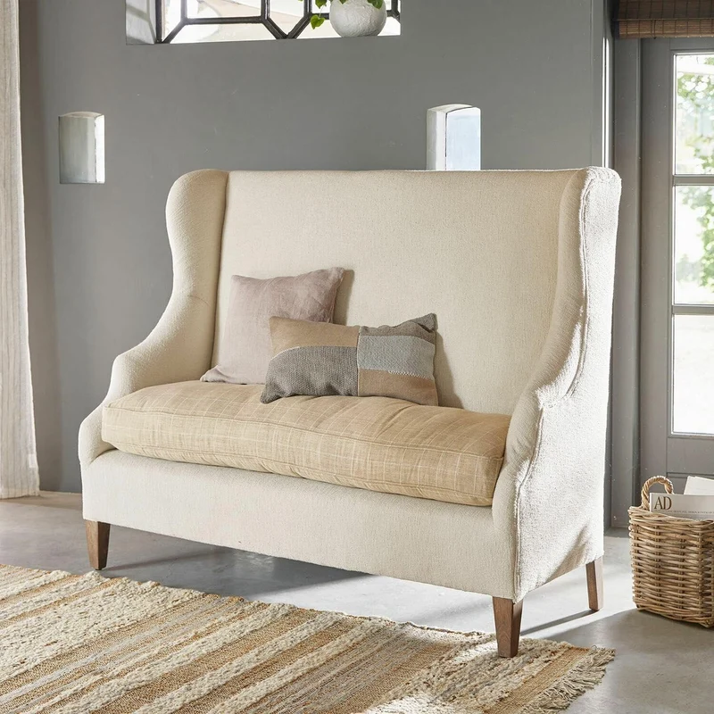 Loberon Canapé Ombra, style classique avec oreilles, mélange de matériaux nobles, fauteuil à oreilles, siège, lin, polyester, bois de manguier, crème/beige