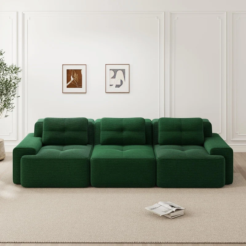 YEHTOKHOME Canapé 3 Places en Velours Côtelé avec 3 Coussins, Fauteuil avec Accoudoirs et Dessous Antidérapant, Confort Cloud sans Montage, Canapé Modulable (3, Vert)