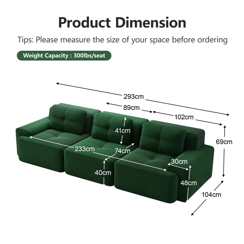 YEHTOKHOME Canapé 3 Places en Velours Côtelé avec 3 Coussins, Fauteuil avec Accoudoirs et Dessous Antidérapant, Confort Cloud sans Montage, Canapé Modulable (3, Vert)