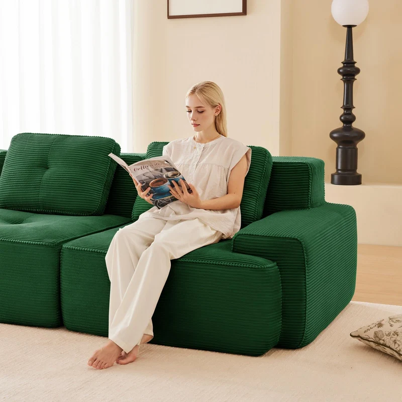 YEHTOKHOME Canapé 3 Places en Velours Côtelé avec 3 Coussins, Fauteuil avec Accoudoirs et Dessous Antidérapant, Confort Cloud sans Montage, Canapé Modulable (3, Vert)