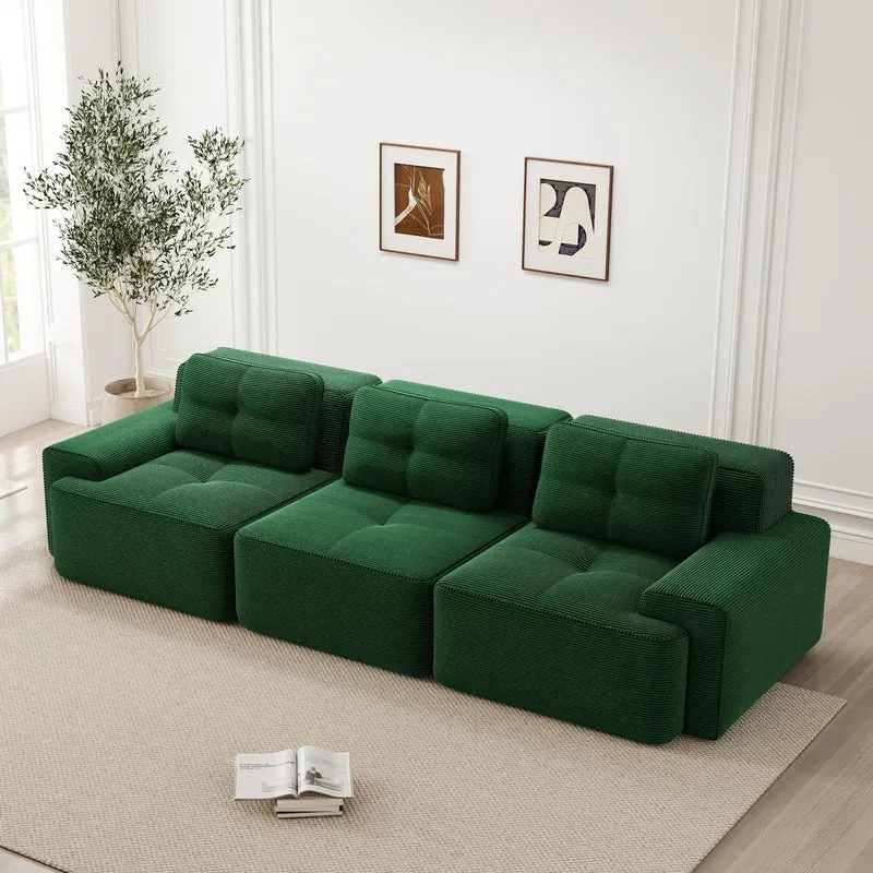 YEHTOKHOME Canapé 3 Places en Velours Côtelé avec 3 Coussins, Fauteuil avec Accoudoirs et Dessous Antidérapant, Confort Cloud sans Montage, Canapé Modulable (3, Vert)