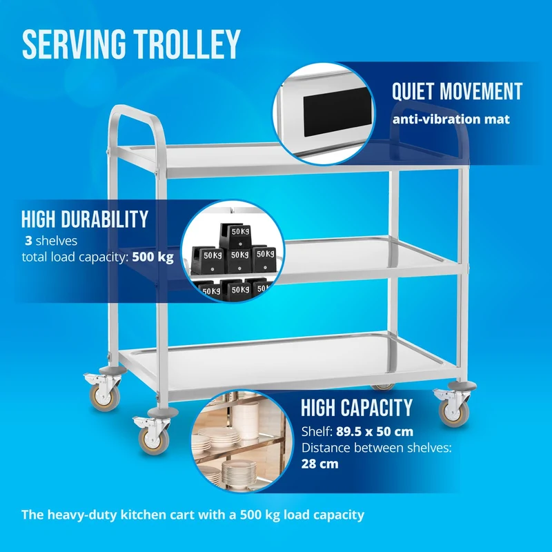 Royal Catering Chariot de Service Desserte Cuisine à roulettes 3 Plateaux RCSW 3 (101x55x96,5cm, capacité de Charge 480 kg, épaisseur des étagères 3cm)