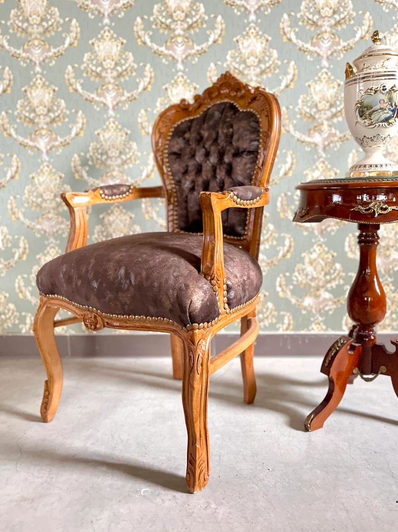 CasAmin Home & Living Chaise à accoudoirs marron clair rétro style baroque français velours chocolat chaise pour décoration intérieure