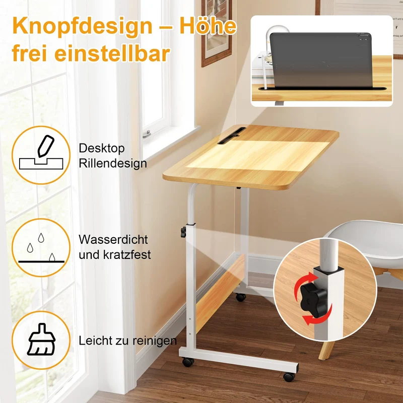 Rcynview 80 x 40 cm - Bureau pour ordinateur portable - Réglable en hauteur - Avec roulettes pivotantes - Pour chambre à coucher, bureau, lit, canapé, marron