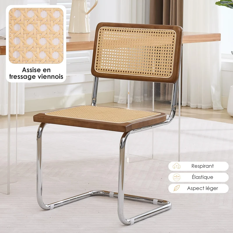 SEEDWAVE Lot de 2 Chaises Cantilever de Salle à Manger avec Assise en Rotin et Cadre en Bois – Chaises Rétro Modernes avec Structure Métallique pour Cuisine, Salon ou Bureau