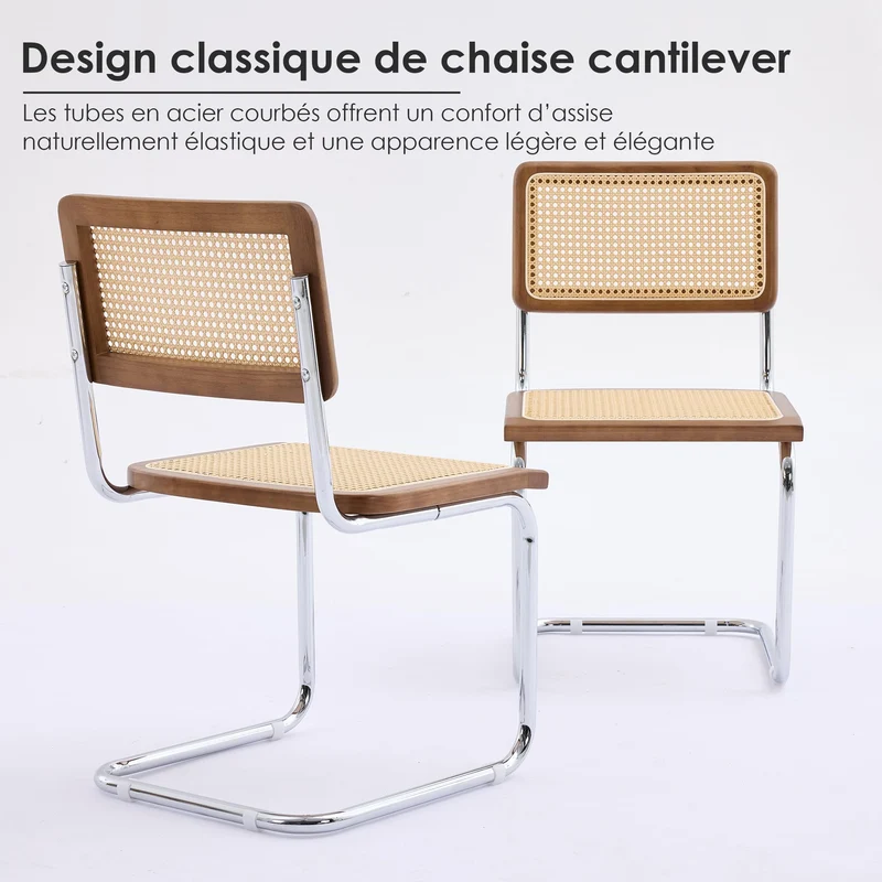 SEEDWAVE Lot de 2 Chaises Cantilever de Salle à Manger avec Assise en Rotin et Cadre en Bois – Chaises Rétro Modernes avec Structure Métallique pour Cuisine, Salon ou Bureau