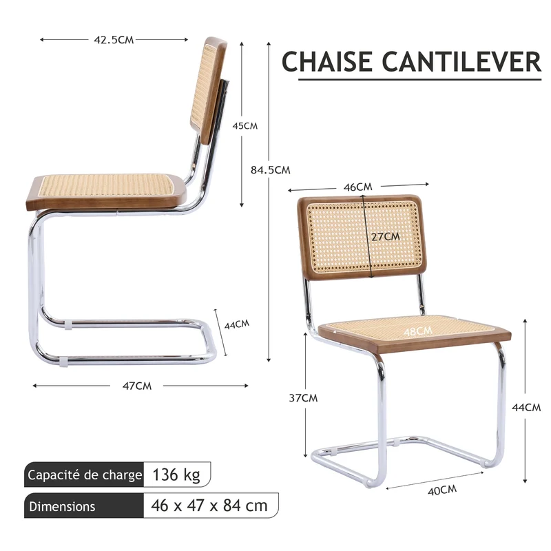 SEEDWAVE Lot de 2 Chaises Cantilever de Salle à Manger avec Assise en Rotin et Cadre en Bois – Chaises Rétro Modernes avec Structure Métallique pour Cuisine, Salon ou Bureau