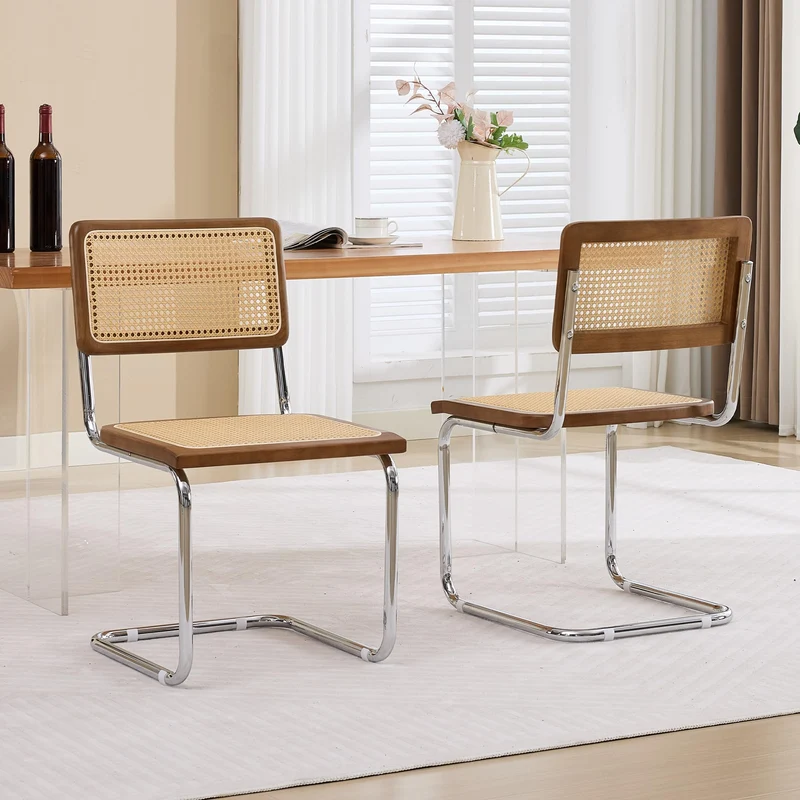 SEEDWAVE Lot de 2 Chaises Cantilever de Salle à Manger avec Assise en Rotin et Cadre en Bois – Chaises Rétro Modernes avec Structure Métallique pour Cuisine, Salon ou Bureau