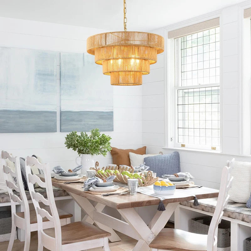 Schindora 50Cm Suspension Rotin Boho,Tissé À La Main Lustre 6-Lights Suspension Luminaire 4 Round Transitional Rustic Grand Suspension Naturelle Pour Cuisine Chambre Salon Couloir,Laiton