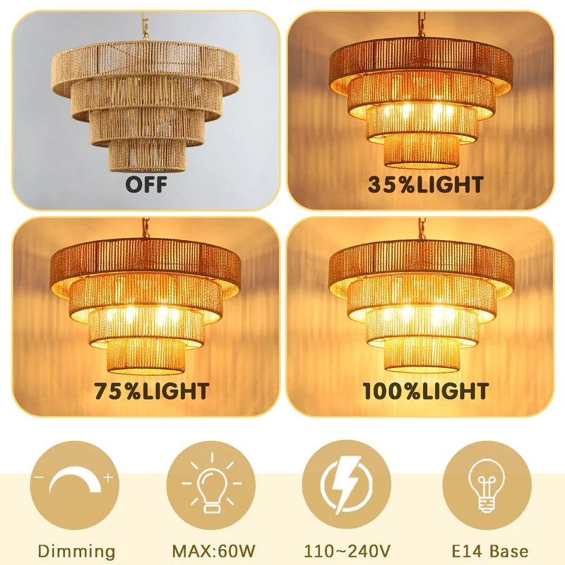 Schindora 50Cm Suspension Rotin Boho,Tissé À La Main Lustre 6-Lights Suspension Luminaire 4 Round Transitional Rustic Grand Suspension Naturelle Pour Cuisine Chambre Salon Couloir,Laiton