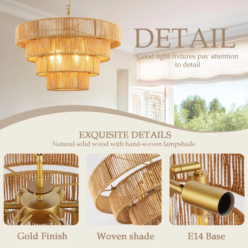 Schindora 50Cm Suspension Rotin Boho,Tissé À La Main Lustre 6-Lights Suspension Luminaire 4 Round Transitional Rustic Grand Suspension Naturelle Pour Cuisine Chambre Salon Couloir,Laiton