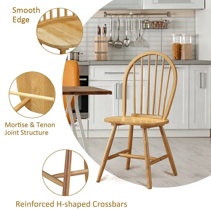 Lot de 2 chaises de salle à manger en bois massif de style campagnard avec dossier pour maison, cuisine, restaurant et bistrot, finition naturelle