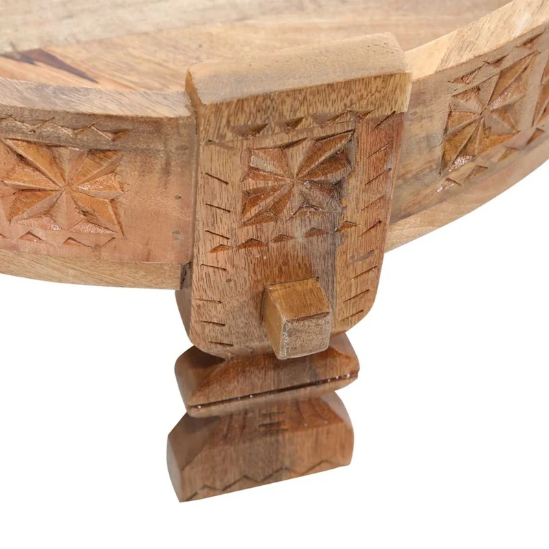 Casa Moro Table de travail Rakim naturel, diamètre 50 cm, ronde x hauteur 26 cm, en bois massif sculpté, style ancien marocain vintage, canapé