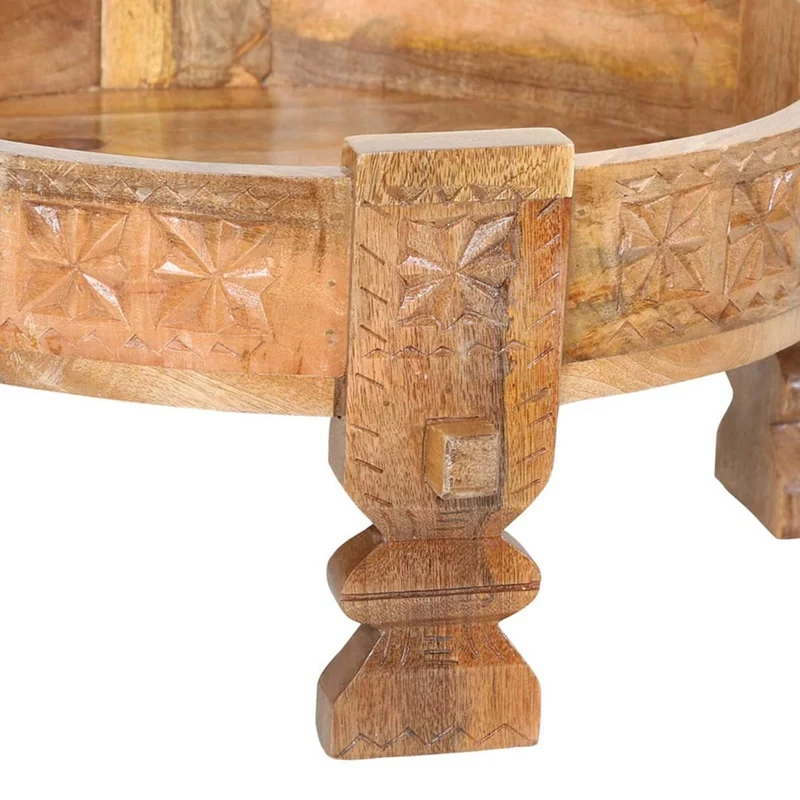 Casa Moro Table de travail Rakim naturel, diamètre 50 cm, ronde x hauteur 26 cm, en bois massif sculpté, style ancien marocain vintage, canapé