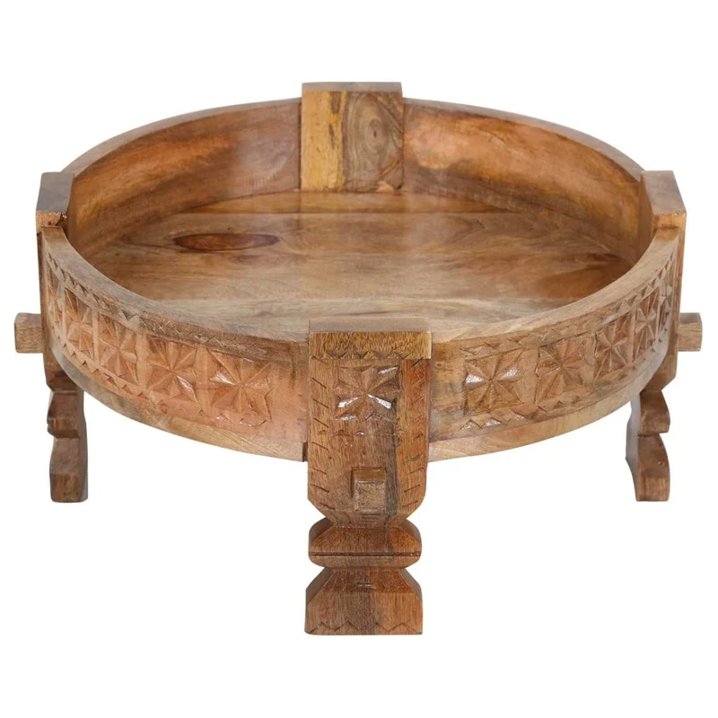 Casa Moro Table de travail Rakim naturel, diamètre 50 cm, ronde x hauteur 26 cm, en bois massif sculpté, style ancien marocain vintage, canapé