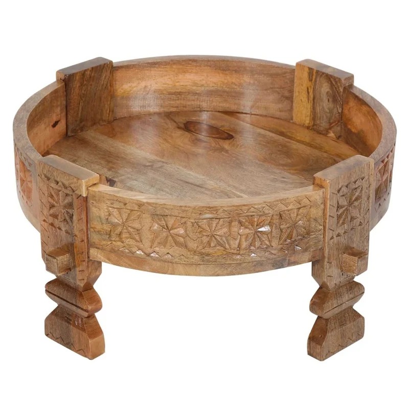 Casa Moro Table de travail Rakim naturel, diamètre 50 cm, ronde x hauteur 26 cm, en bois massif sculpté, style ancien marocain vintage, canapé
