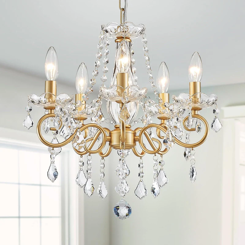 WUZUPS Chandelier Cristal Plafonnier Pendentif Flushmount Luminaire Moderne pour Chambre à Couloir Bar Cuisine Salle de Bain, H42 W43, Gold, Base E14