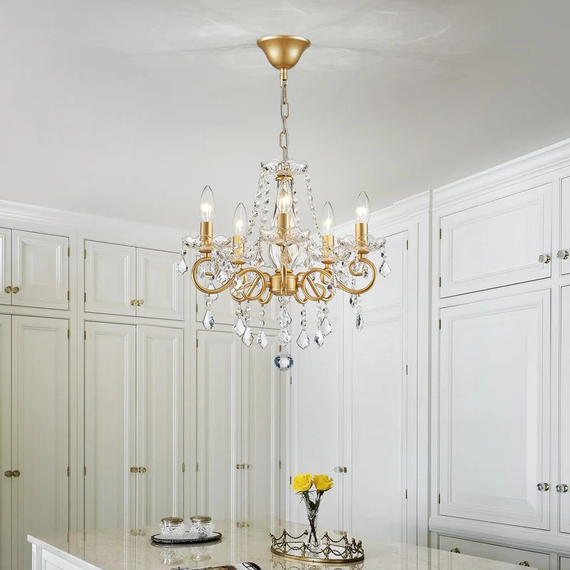 WUZUPS Chandelier Cristal Plafonnier Pendentif Flushmount Luminaire Moderne pour Chambre à Couloir Bar Cuisine Salle de Bain, H42 W43, Gold, Base E14