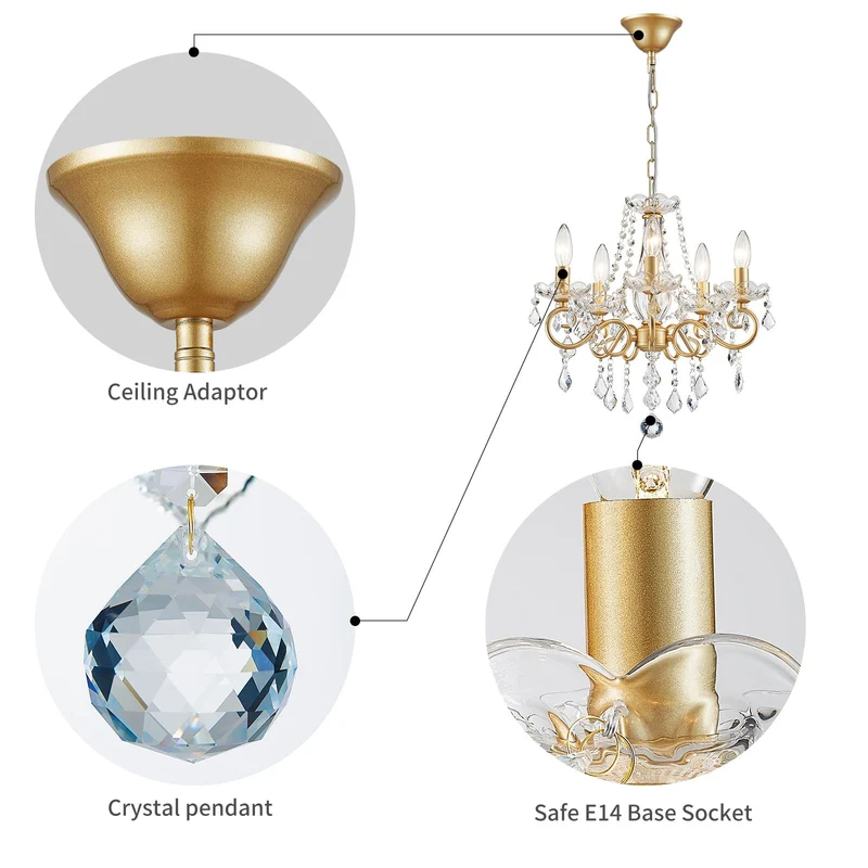 WUZUPS Chandelier Cristal Plafonnier Pendentif Flushmount Luminaire Moderne pour Chambre à Couloir Bar Cuisine Salle de Bain, H42 W43, Gold, Base E14