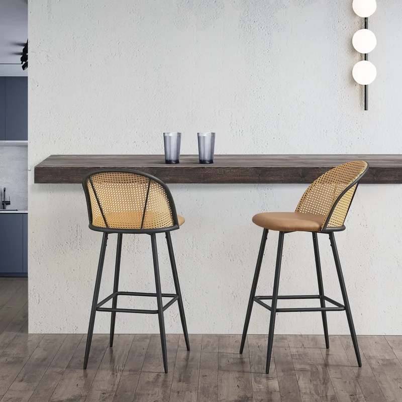 [en.casa] Lot de 2 Tabourets de Bar pour Cuisine Salle à Manger avec Dossier Rotin Siège Rembourré Simili Pieds en Métal 102 x 44 x 63 cm Marron Noir