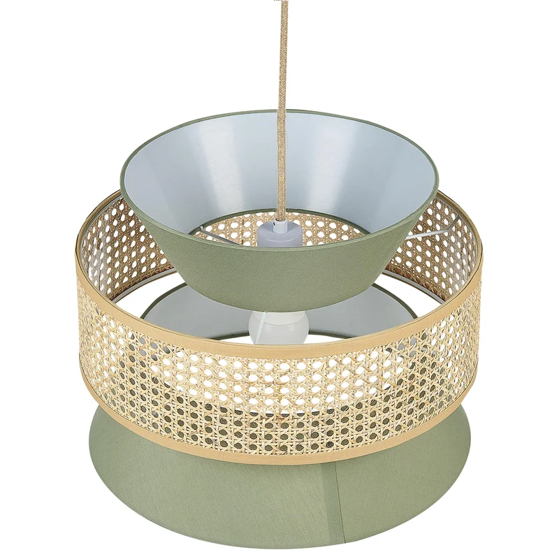 Beliani Lampe à Suspension Lumière Douce Abat-Jour en Coton Rotin Naturel et Vert Luyano