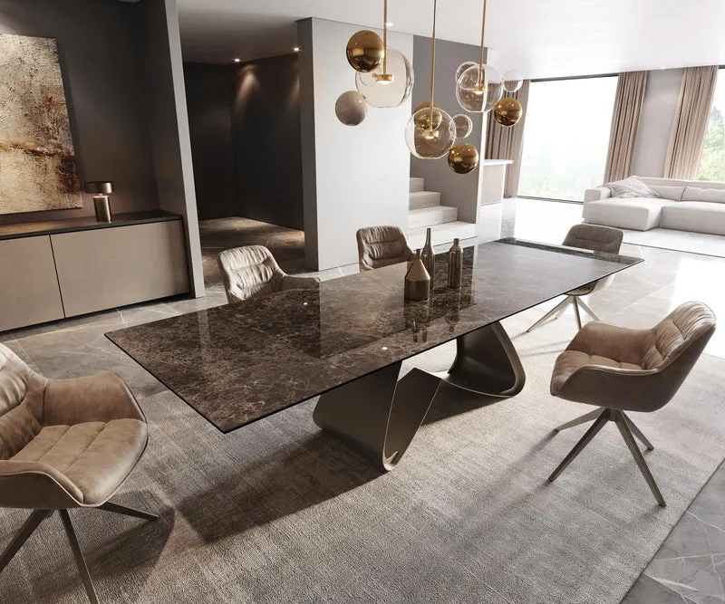 DeLife Table de Salle à Manger Edge Céramique Emperador Extra Lucidato Brun foncé 200-300x100 Piètement en W Finition Effet Titane Extensible