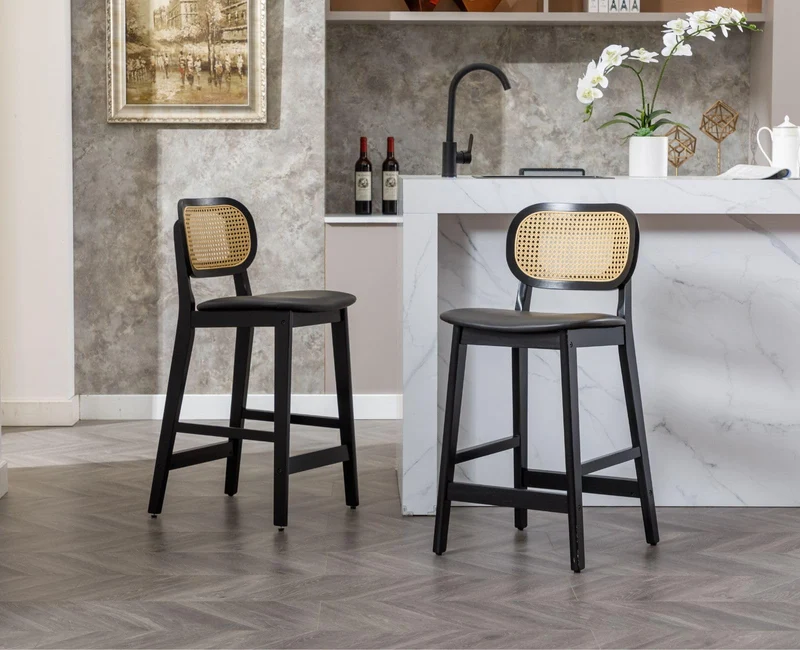 Ya-Home Lot de 2 Tabourets de Bar en Bois Chaise de Bar Rotin Tabourets de Cuisine Confortable en Cuir PU Chaise Bar avec Repose-Pieds, Noir
