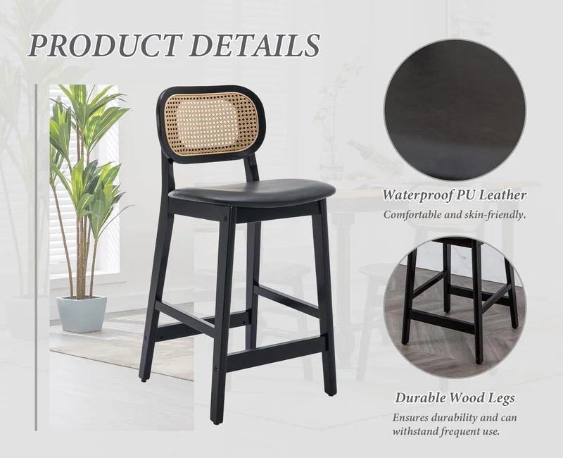 Ya-Home Lot de 2 Tabourets de Bar en Bois Chaise de Bar Rotin Tabourets de Cuisine Confortable en Cuir PU Chaise Bar avec Repose-Pieds, Noir